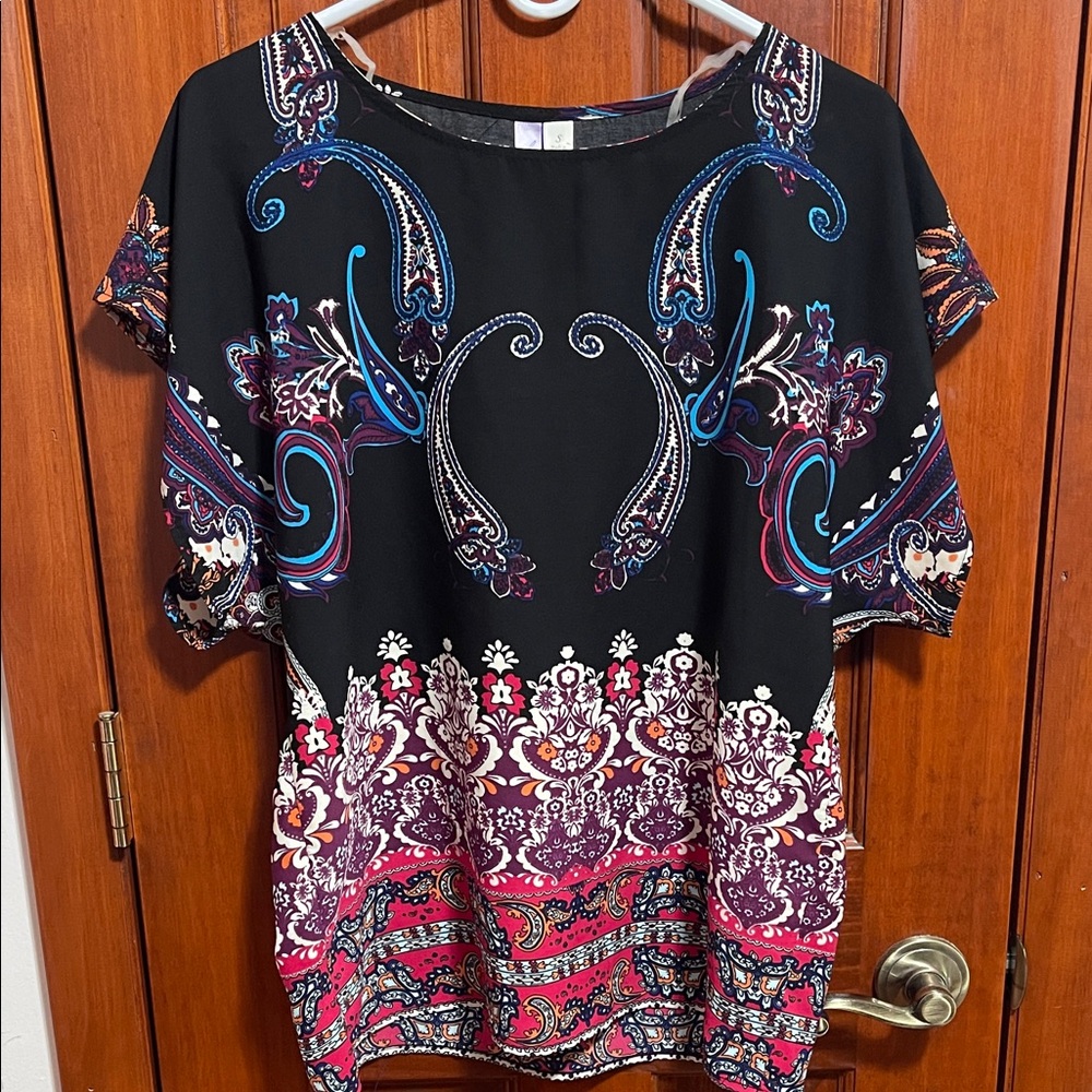 Alya Black Tunic with Magenta, Blue & White Paisley Print